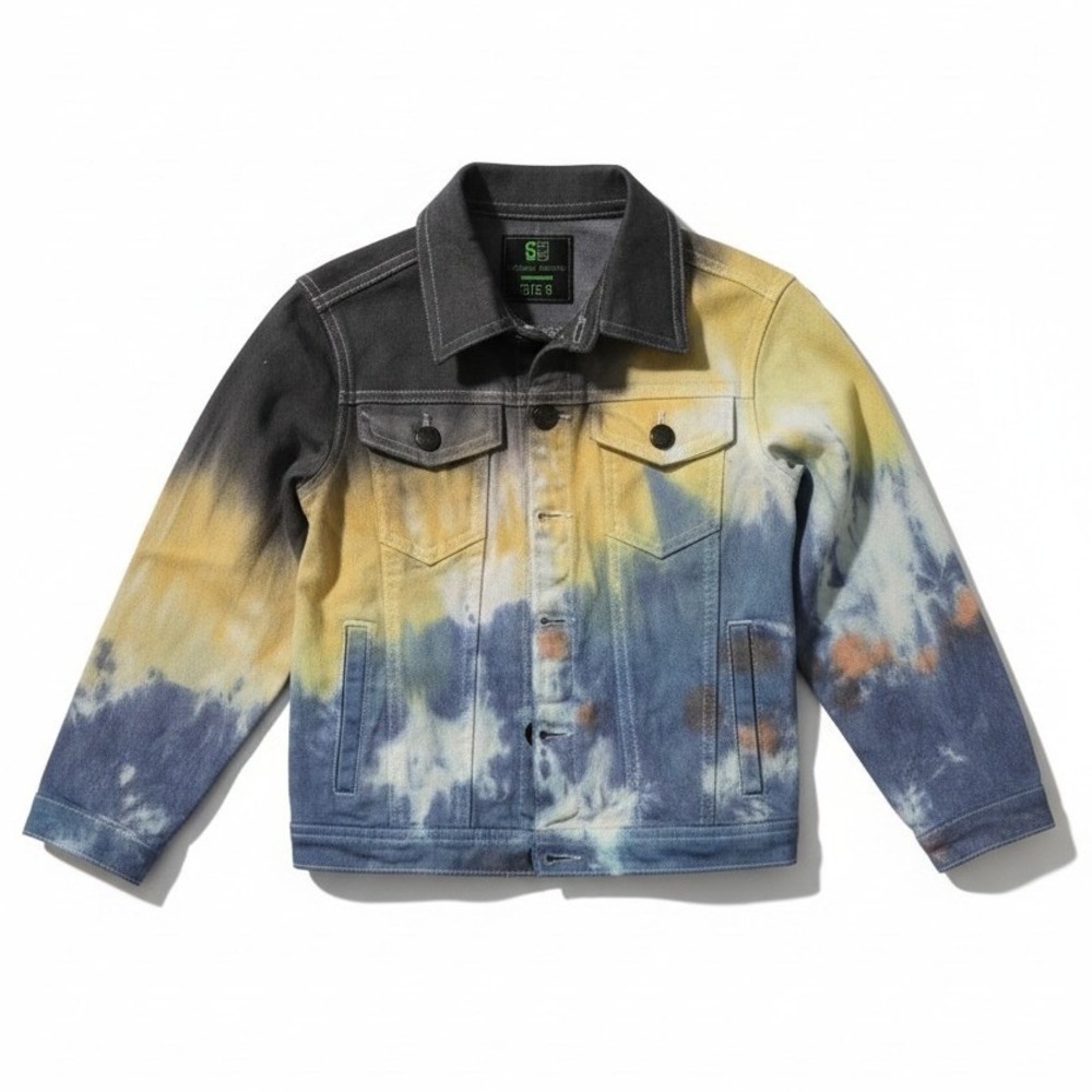 Sacred Crown Tie Dye Denim Trucker Jacket, Kids‎ Size 4, Blue Yellow Grey